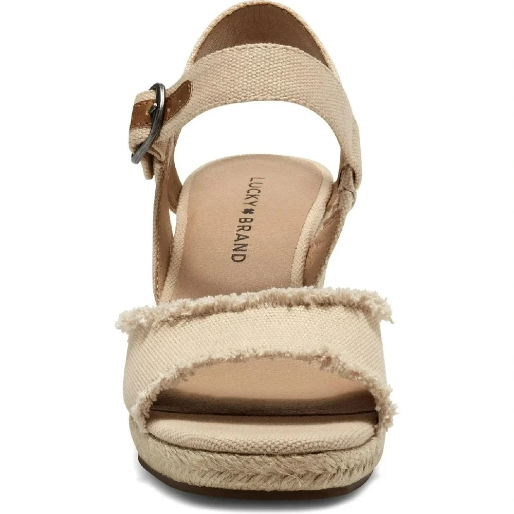 Lucky Brand Womens Wedge Sandals Size 11M Beige Espadrilles Frayed Canvas Strap
